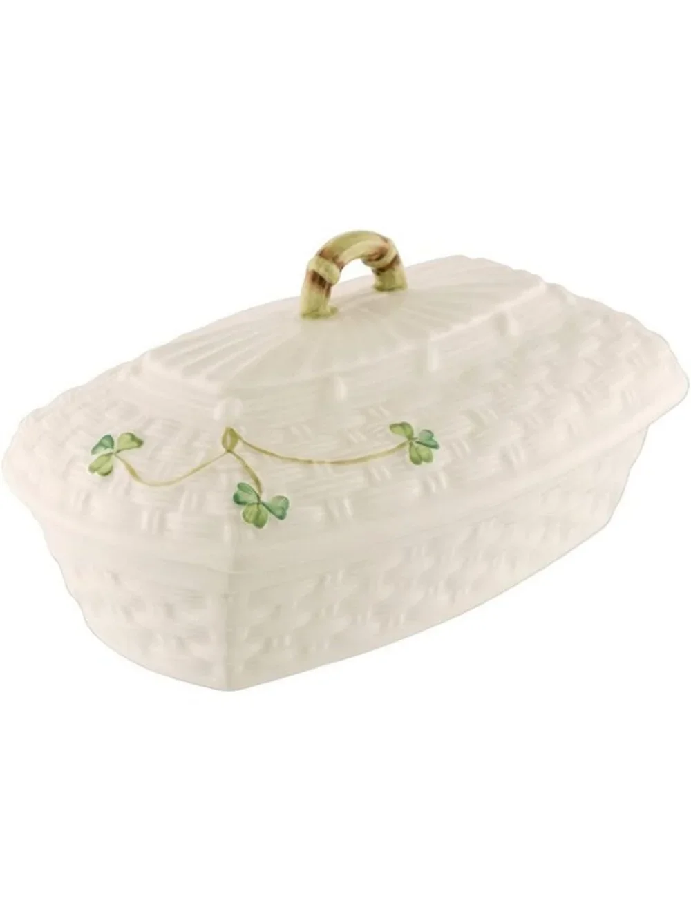 Handcrafted Irish Porcelain Butter Dish, Painted Shamrock Design, Covered Keeper
